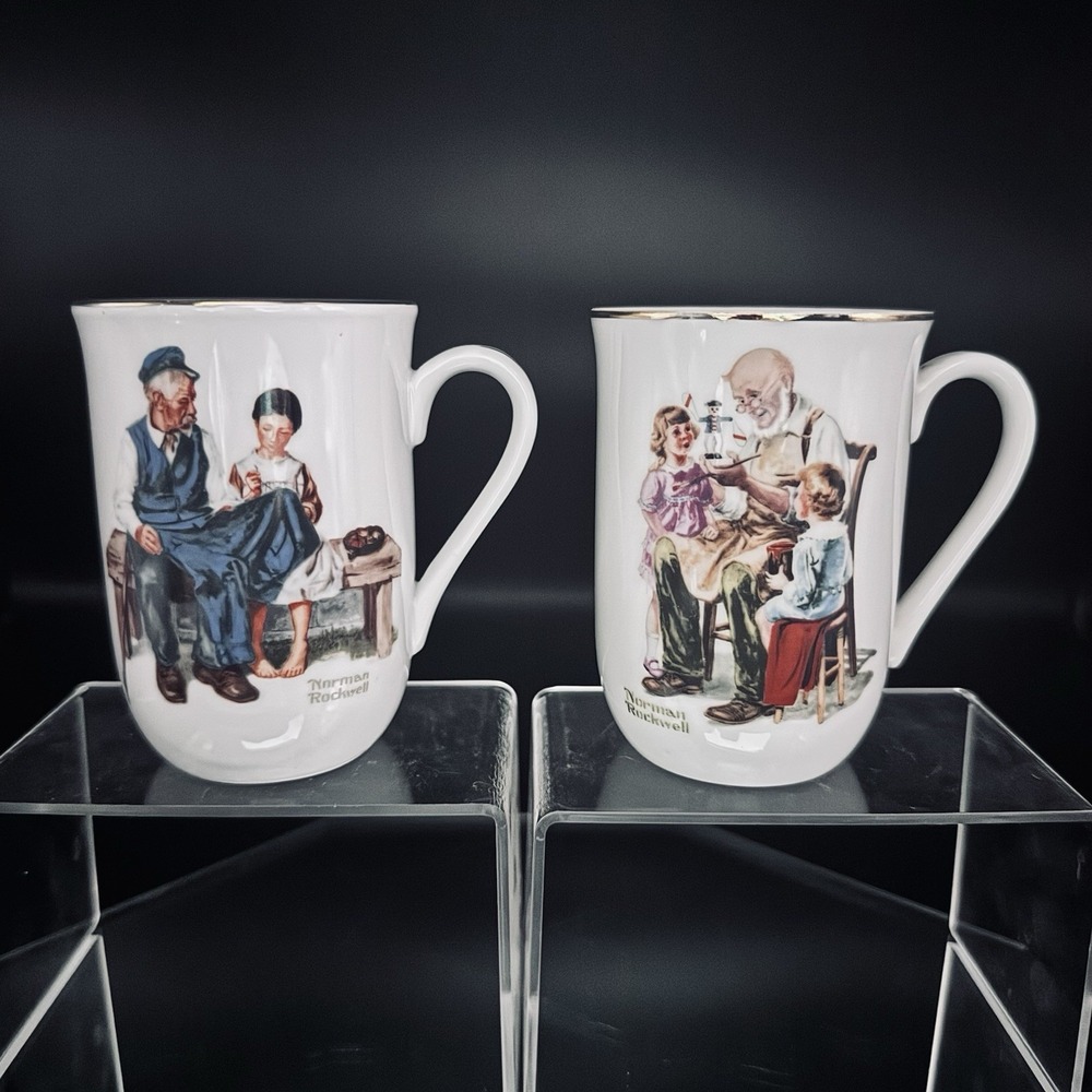 (2) Vintage Norman Rockwell Museum Collectible Coffee Mugs Cups Gold Trim